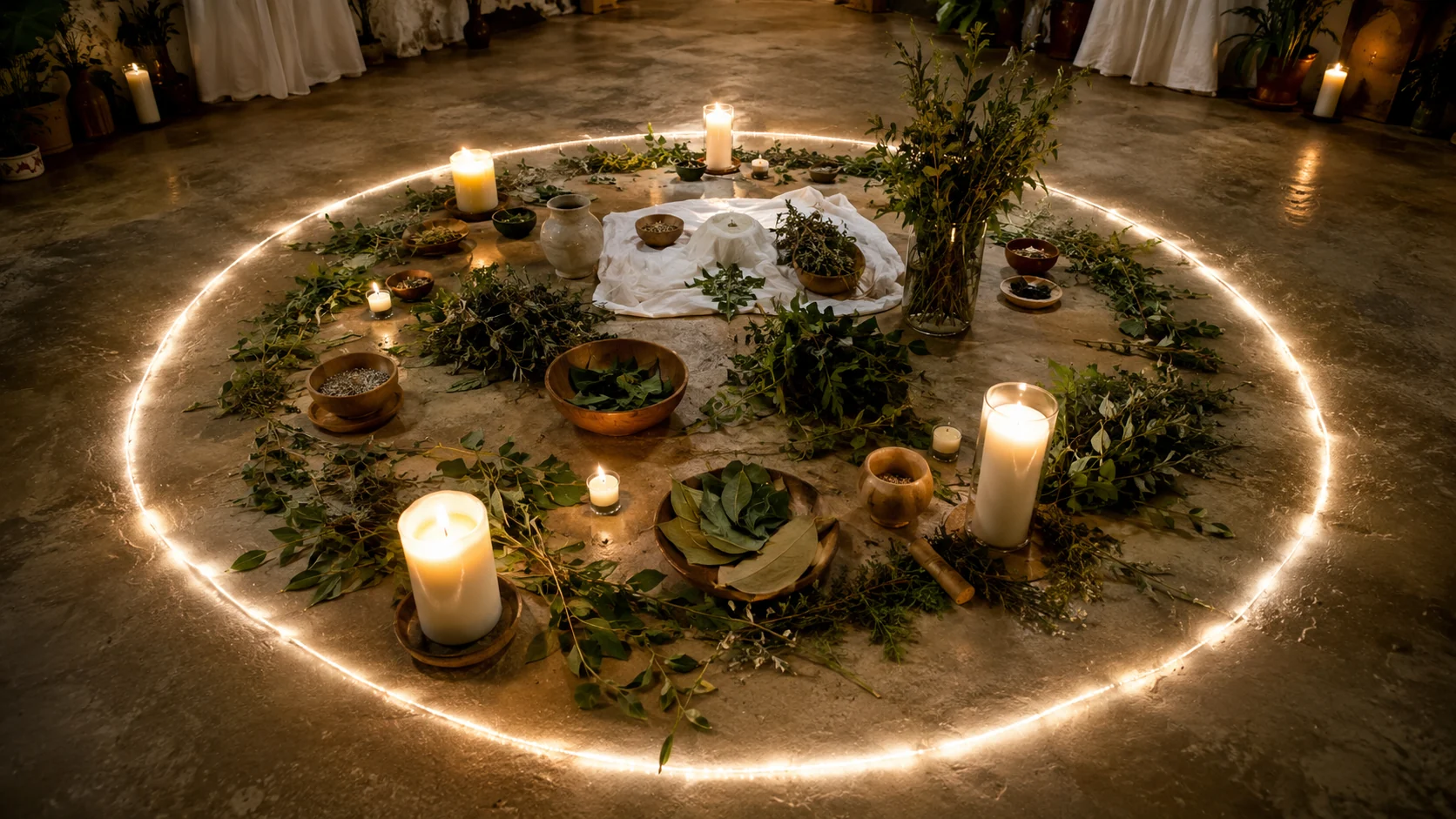 Elementos de fundamento e Magia Divina dispostos no chão do terreiro